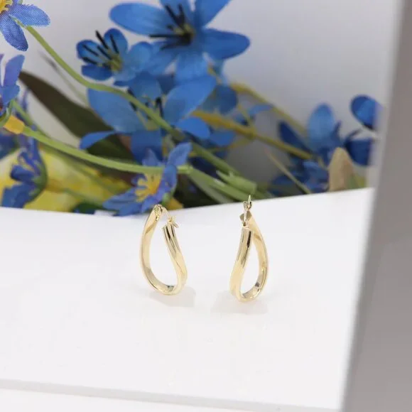 Twisted Italian Gold Hoops real 14k Earrings #36 - Picture 3 of 12